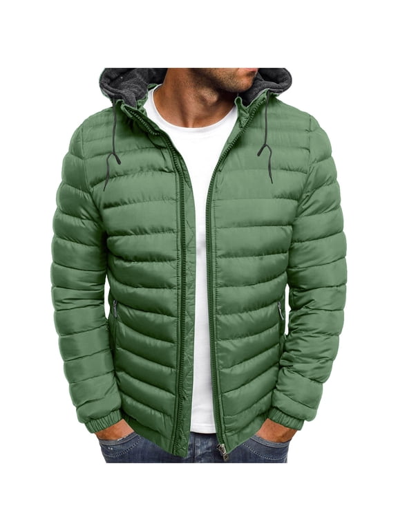 Mens Down Puffer Jacket Hooded Winter Fall Solid Color Lightweight Coat Light Thin Insulated Jackets Outwear with Pockets Green XXL