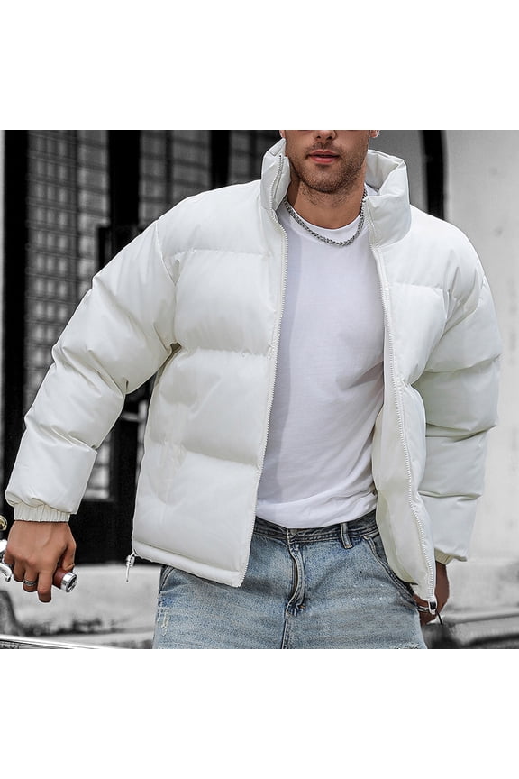 Mens Down Puffer Jacket Winter Fall Solid Color Lightweight Coat Casual Warm Fashion Outwear with Pockets 2024 White XL