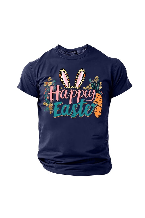 Mens Easter Shirts Summer Eggs Bunny Graphic Party Casual Male Short Sleeve Round Neck Shirt Printed Stylish Hawaiian Tops Navy M
