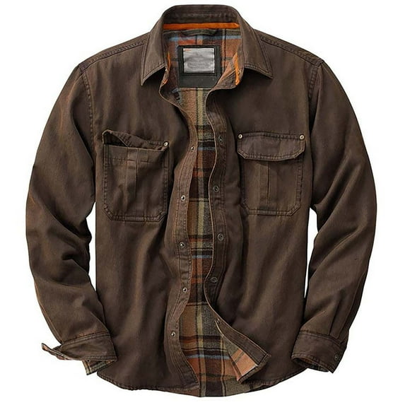 BLTIBY Mens Flannel Lined Shirt Jacket Fall Winter Solid Color Vintage Snap Button Western Jackets Rugged Outdoor Cowboy Shirts Coat with Pockets Brown 3XL