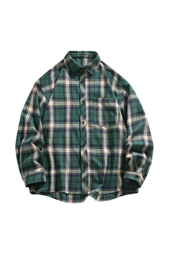 Mens Flannel Shirt Jacket Fall Winter Plaid Printed Long Sleeve Coat Button Down Thick Outwear with Pockets Green 4XL