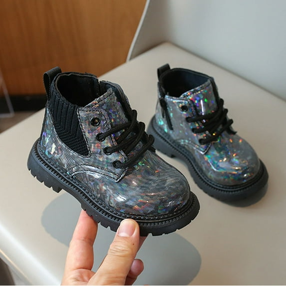 BLTIBY Girls Ankle Boots Side Zipper Combat Lace Up Sequin Boot Non Slip Printed Comfort Short Boots for Toddler Little Kid Big Kid Black 5-5.5 Years