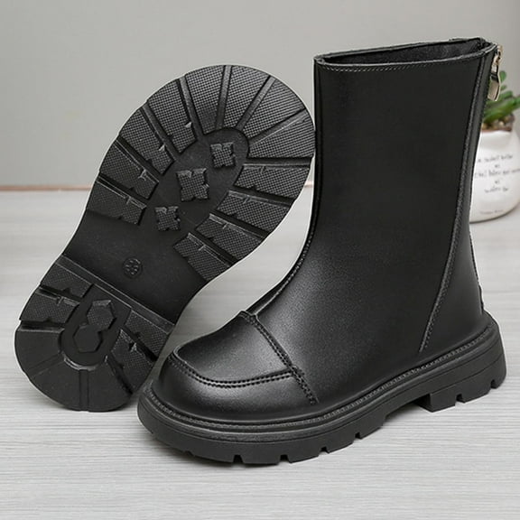 BLTIBY Girls Riding Boots Mid Calf Combat Boot Fashion Waterproof Faux Leather Back Zipper Booties for Little Kid Big Kid Black 4-4.5 Years