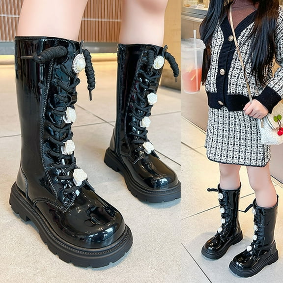 BLTIBY Girls Long Boots Side Zipper Cute Decoration Combat Riding Boots Lace-Up Chunky Low Heel Winter Waterproof Boots Dress Kids Shoes Black 3.5-4 Years