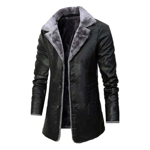 BLTIBY Mens Fleece Jacket Plush Collar 2024 Faux Leather Jackets Men Warm Zip Up Motorcycle Coat Coats Retro Tops Black M