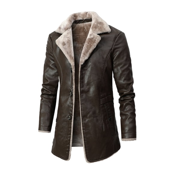 BLTIBY Mens Fleece Jacket Plush Collar 2024 Faux Leather Jackets Men Warm Zip Up Motorcycle Coat Coats Retro Tops Brown S
