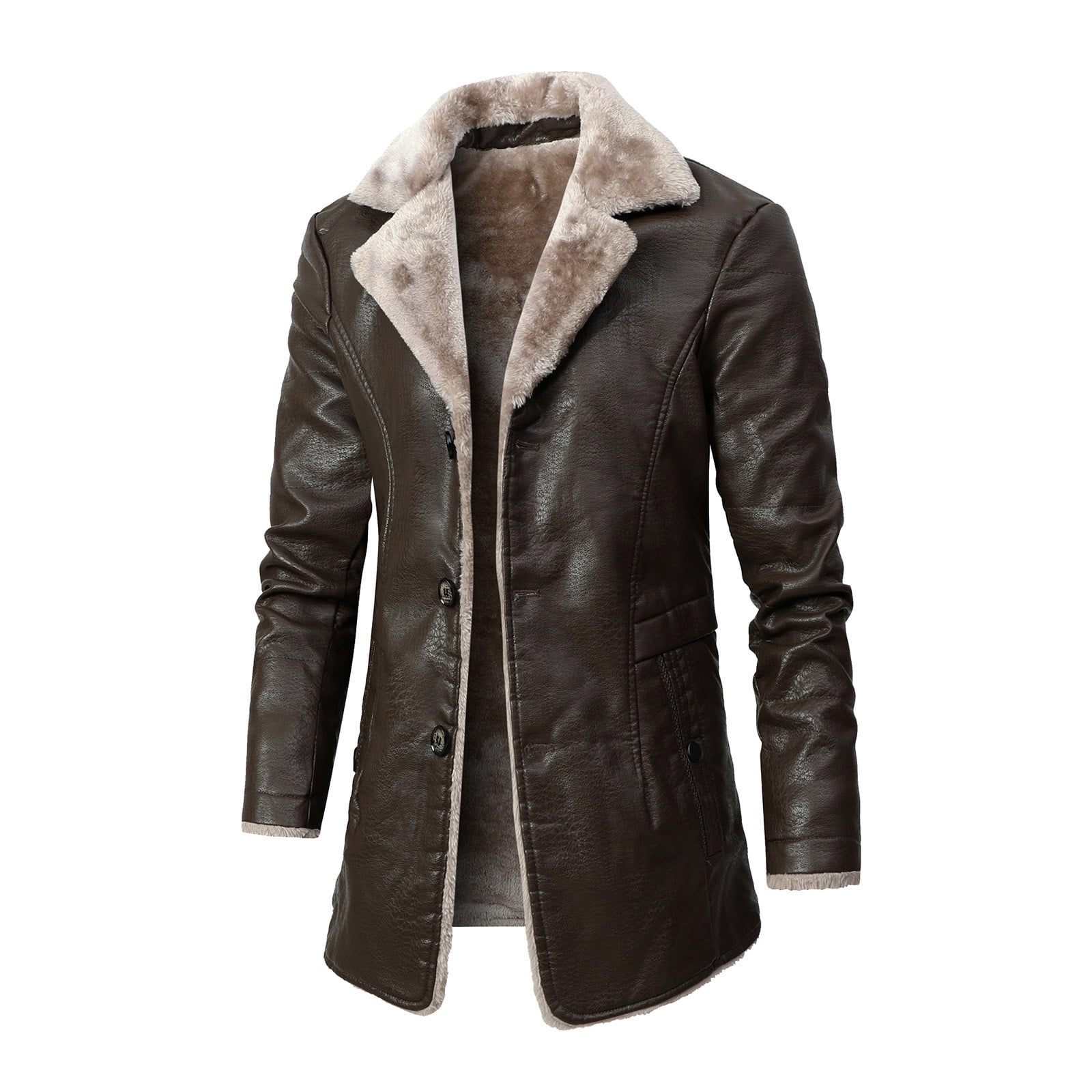 BLTIBY Mens Fleece Jacket Plush Collar 2024 Faux Leather Jackets Men Warm Zip Up Motorcycle Coat Coats Retro Tops Brown XL