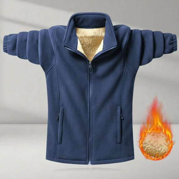 BLTIBY Mens Fleece Jacket Winter Warm Fleece Stand Collar Comfort Coat Solid Color Zip Up Outwear with Pockets Dark Blue L
