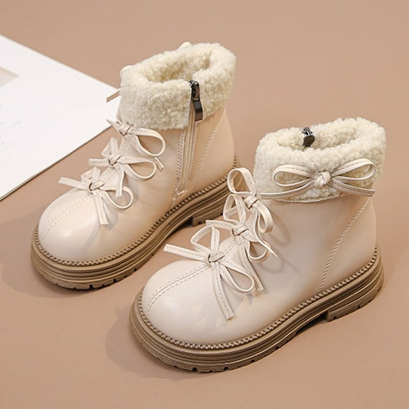 BLTIBY Girls Ankle Booties Winter Thickened Warm Bow Boot Kids Zipper Outdoor Hiking Shoes Leather Comfort Non Slip Snow Boots White 8-8.5Years