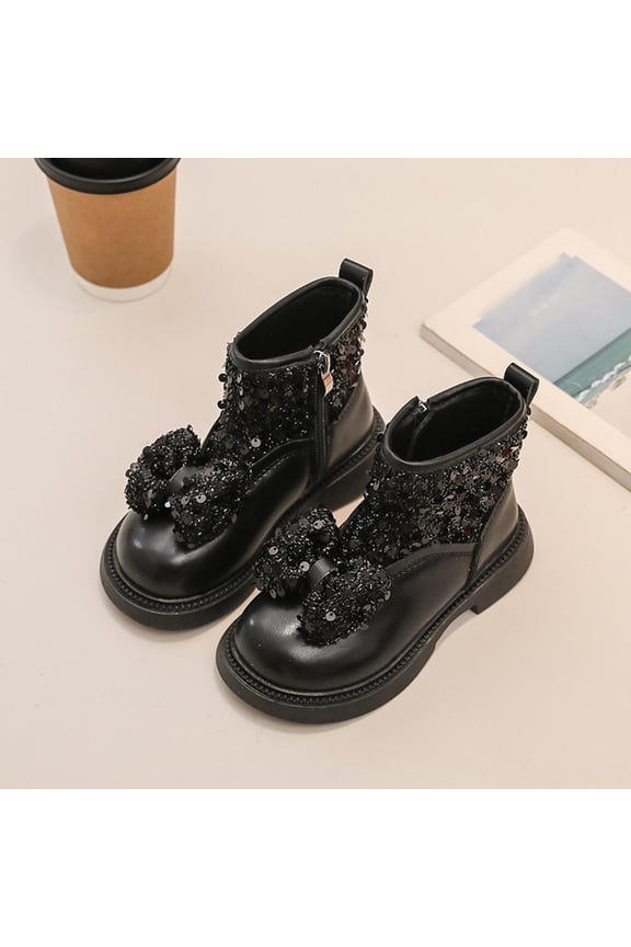Girls Glitter Ankle Boots Bow Sequin Booties Side Zipper Combat Boot Fall Winter Fashion Kids Sparkly Shoes Black 3.5-4 Years