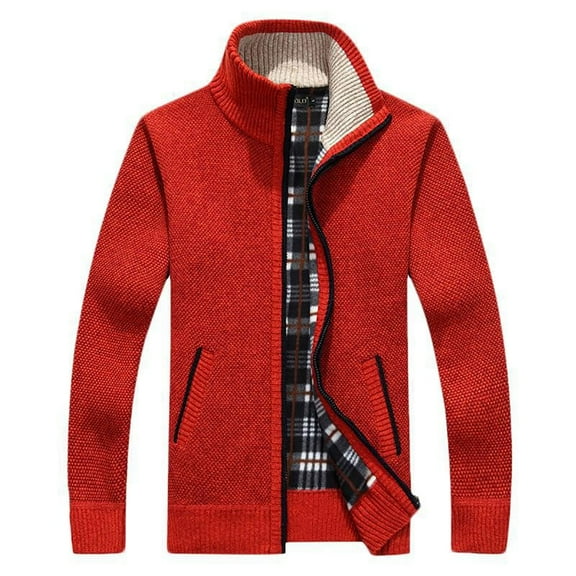 BLTIBY Mens Full Zipper Cardigan Sweaters Jacket Fall Winter Solid Color Slim Fit Casual Stand Collar Ribbed Knit Long Sleeve Coat with Pockets Red XL