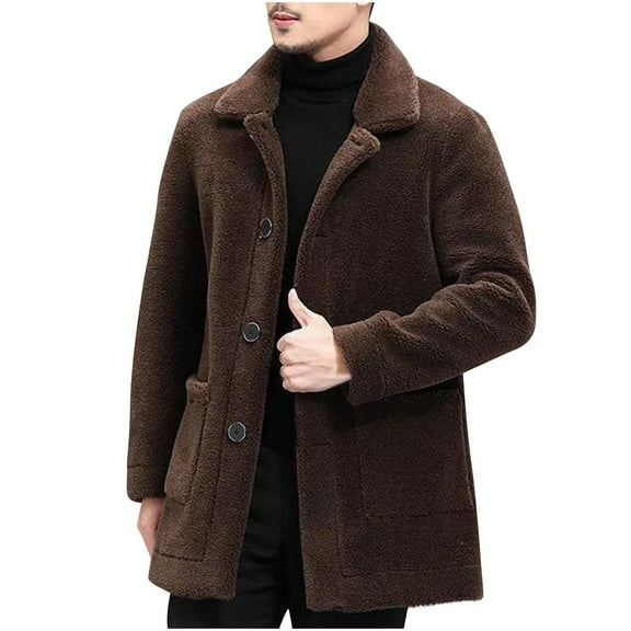 BLTIBY Mens Fuzzy Sherpa Jacket Fall Winter Solid Color Fluffy Fleece Open Front Cardigan Button Down Coat Warm Thicken Lined Outwear with Pockets Coffee M