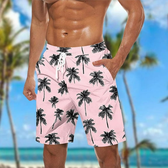 BLTIBY Mens Hawaiia Shorts Summer Elastic Waist Drawstring Printed Casual Beach Short with Pockets Fashion Short Pants Pink XXL