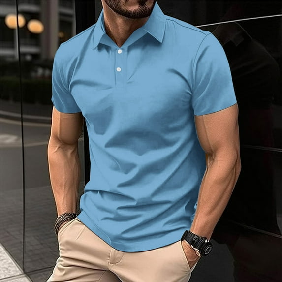BLTIBY Mens Henley Button Shirts Summer Solid Colour Short Sleeve Lapel Casual T-Shirt Fashion Tees Pullover Tops Light Blue L