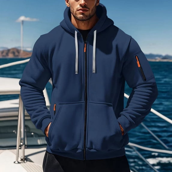 BLTIBY Mens Hooded Bomber Jackets Zipper Solid Color Sweatshirts Drawstring Coat Lightweight Fashion Casual Outerwear with Pockets Navy L