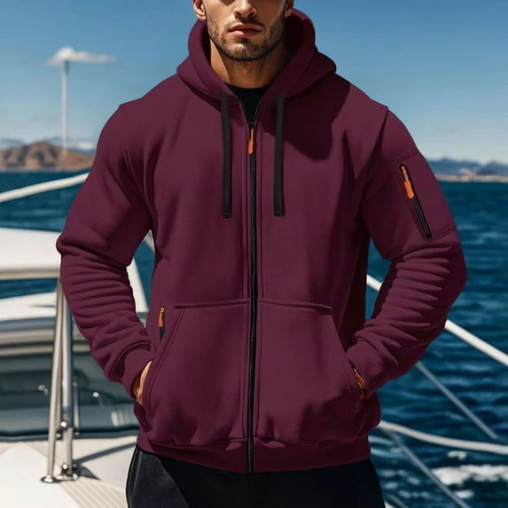 BLTIBY Mens Hooded Bomber Jackets Zipper Solid Color Sweatshirts Drawstring Coat Lightweight Fashion Casual Outerwear with Pockets Wine S