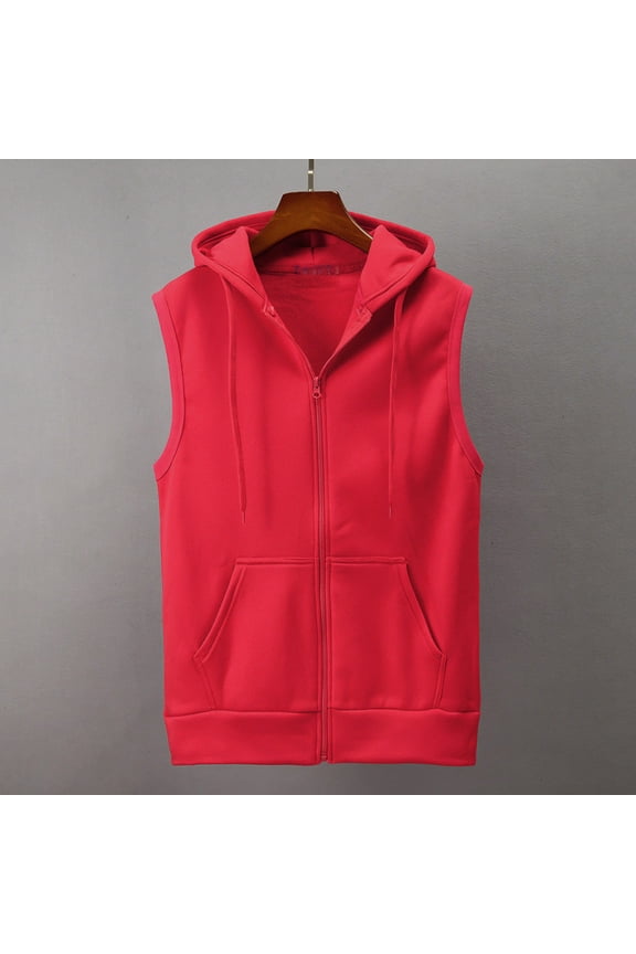 Mens Hooded Tank Tops Summer Solid Colour Sports Training Sleeveless Gym Hoodies Drawstring Bodybuilding Cut Off Muscle Shirts Red M