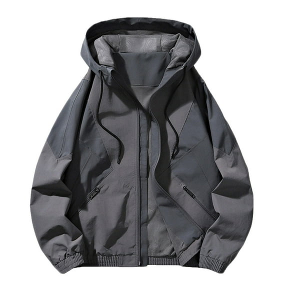 BLTIBY Mens Jacket Hooded Oversized Zip Up Solid Color Drawstring Coat Fashion Lightweight Casual Outerwear with Zipper Pockets Gray L
