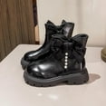 thumbnail image 1 of BLTIBY Girls Mid-Calf Boots Side Zipper Cute Bowknot Pearl Combat Riding Boot Chunky Low Heel Winter Waterproof Booties Dress Kids Shoes Black 9.5-10 Years, 1 of 9