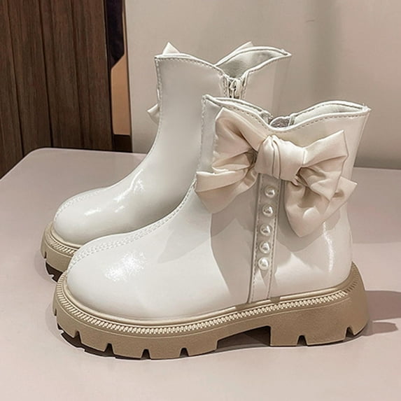 BLTIBY Girls Mid-Calf Boots Side Zipper Cute Bowknot Pearl Combat Riding Boot Chunky Low Heel Winter Waterproof Booties Dress Kids Shoes White 4.5-5 Years