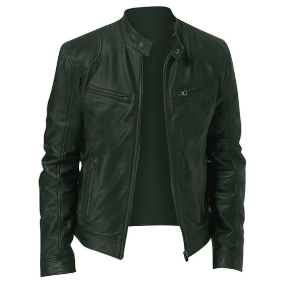 BLTIBY Mens Leather Jacket Fall Winter Solid Color Stand Collar Vintage Motorcycle Biker Jackets Long Sleeve Casual Coat Outwear with Pockets Army Green 4XL