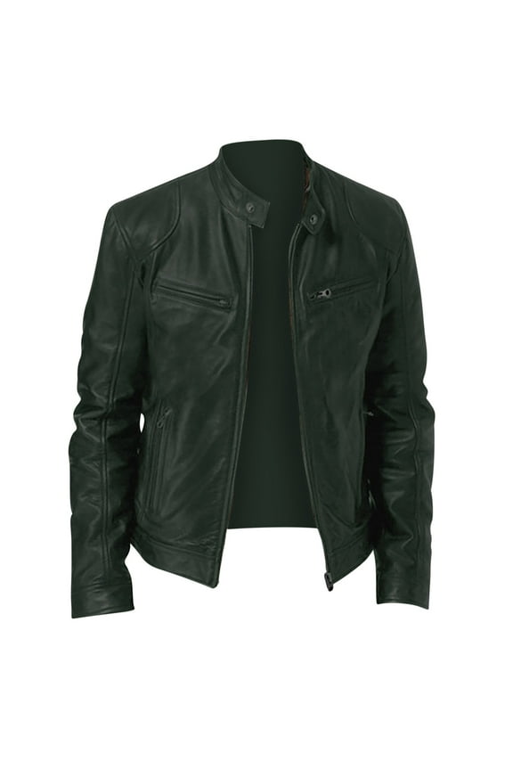 Mens Leather Jacket Fall Winter Solid Color Stand Collar Vintage Motorcycle Biker Jackets Long Sleeve Casual Coat Outwear with Pockets Army Green M