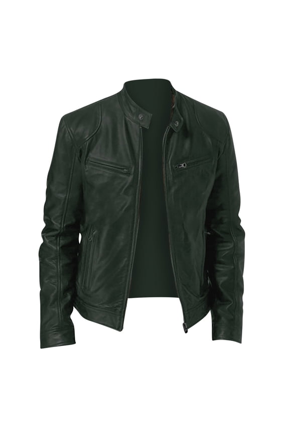 Mens Leather Jacket Fall Winter Solid Color Stand Collar Vintage Motorcycle Biker Jackets Long Sleeve Casual Coat Outwear with Pockets Army Green 3XL