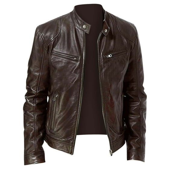 BLTIBY Mens Leather Jacket Fall Winter Solid Color Stand Collar Vintage Motorcycle Biker Jackets Long Sleeve Casual Coat Outwear with Pockets Brown 3XL