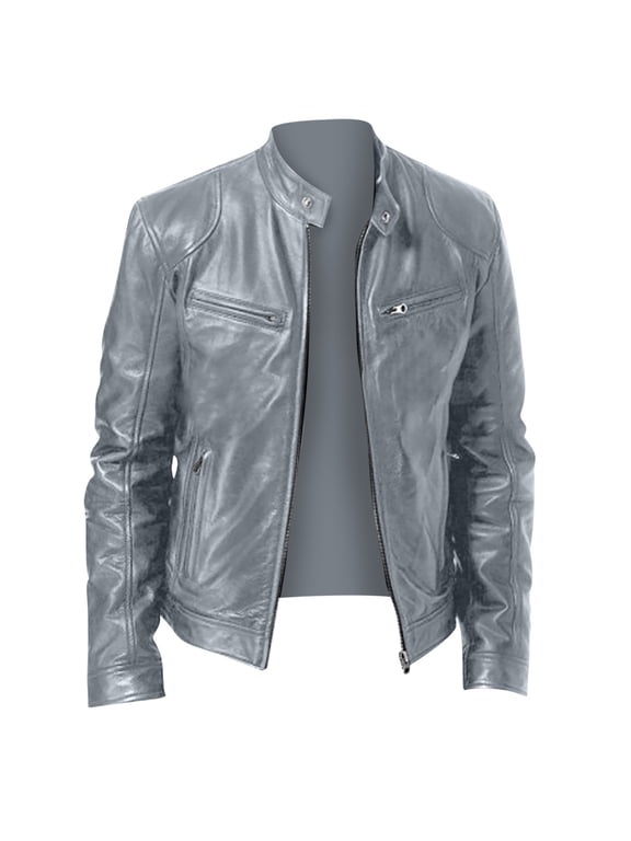 Mens Leather Jacket Fall Winter Solid Color Stand Collar Vintage Motorcycle Biker Jackets Long Sleeve Casual Coat Outwear with Pockets Gray 3XL