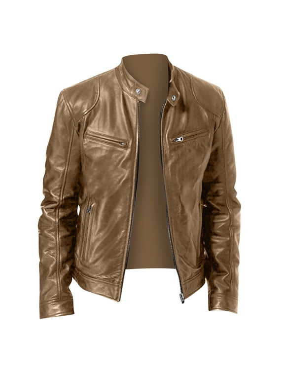 Mens Leather Jacket Fall Winter Solid Color Stand Collar Vintage Motorcycle Biker Jackets Long Sleeve Casual Coat Outwear with Pockets Khaki 3XL