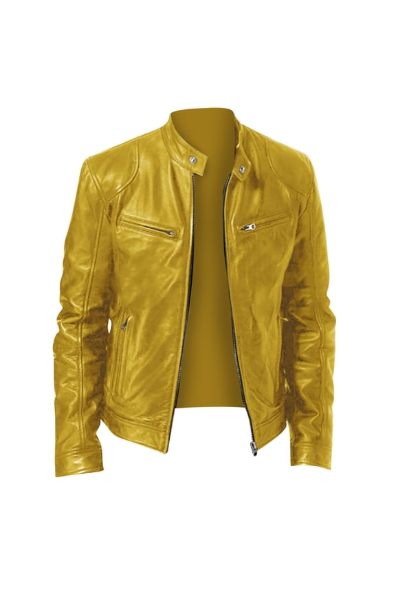 Mens Leather Jacket Fall Winter Solid Color Stand Collar Vintage Motorcycle Biker Jackets Long Sleeve Casual Coat Outwear with Pockets Yellow 5XL