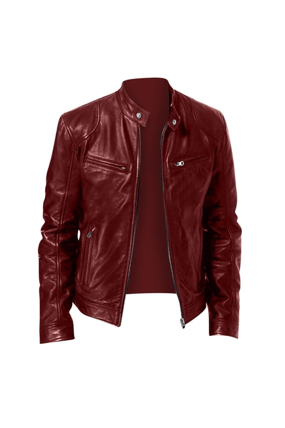 Mens Leather Jacket Fall Winter Solid Color Stand Collar Vintage Motorcycle Biker Jackets Long Sleeve Casual Coat Outwear with Pockets Wine L