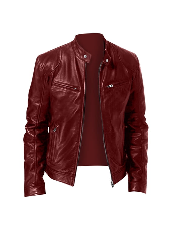 Mens Leather Jacket Fall Winter Solid Color Stand Collar Vintage Motorcycle Biker Jackets Long Sleeve Casual Coat Outwear with Pockets Wine M