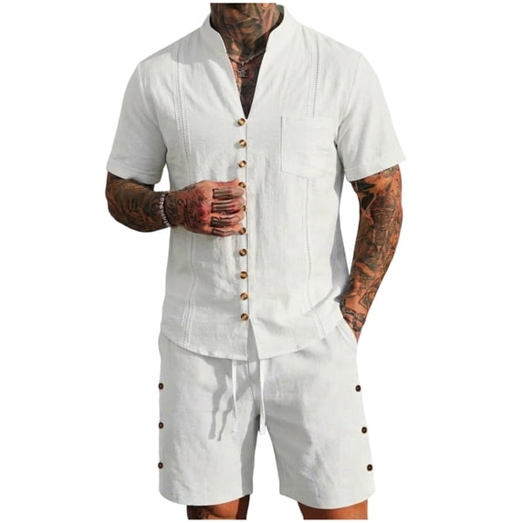 BLTIBY Mens Linen Outfits 2 Piece Set Casual Short Sleeve Button Down V Neck Shirts Loose Drawstring Shorts Soft Beach Vacation Loungwear White XXL
