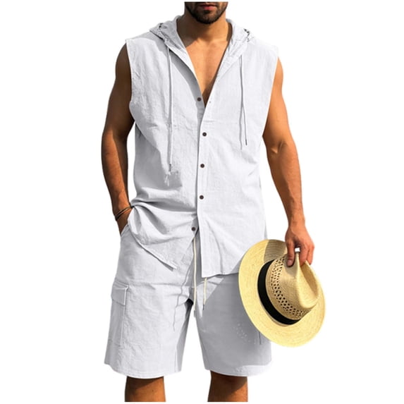 BLTIBY Mens Linen Set 2 Piece Summer Beach Outfits Sleeveless Button Down Hoodies and Drawstring Shorts Matching Vacation Sets with Pockets White L