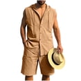 thumbnail image 1 of BLTIBY Mens Linen Set 2 Piece Summer Beach Outfits Sleeveless Button Down Hoodies and Drawstring Shorts Matching Vacation Sets with Pockets Yellow M, 1 of 8