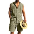 thumbnail image 1 of BLTIBY Mens Linen Set 2 Piece Summer Beach Outfits Sleeveless Button Down Hoodies and Drawstring Shorts Matching Vacation Sets with Pockets Army Green XL, 1 of 8