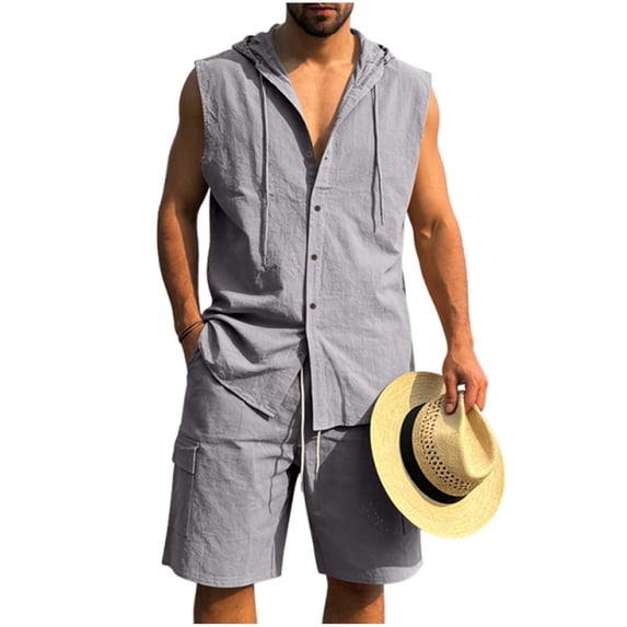 BLTIBY Mens Linen Set 2 Piece Summer Beach Outfits Sleeveless Button Down Hoodies and Drawstring Shorts Matching Vacation Sets with Pockets Dark Gray L