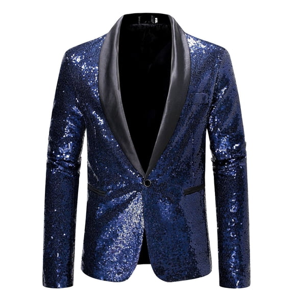BLTIBY Mens One Button Blazer Jacket Sequin Slim Fit Business Lightweight Coat with Pockets Lapel Fashion Outwear Navy XL