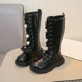 thumbnail image 1 of BLTIBY Girls Long Boots Side Zipper Cute Bowknot Combat Riding Boots Lace-Up Chunky Low Heel Winter Waterproof Boots Dress Kids Shoes Black 2 10.5-11 Years, 1 of 7