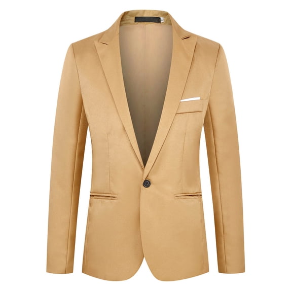 BLTIBY Mens One Button Blazer Jacket Solid Color Slim Fit Business Lightweight Coat with Pockets Lapel Fashion Outwear Khaki L
