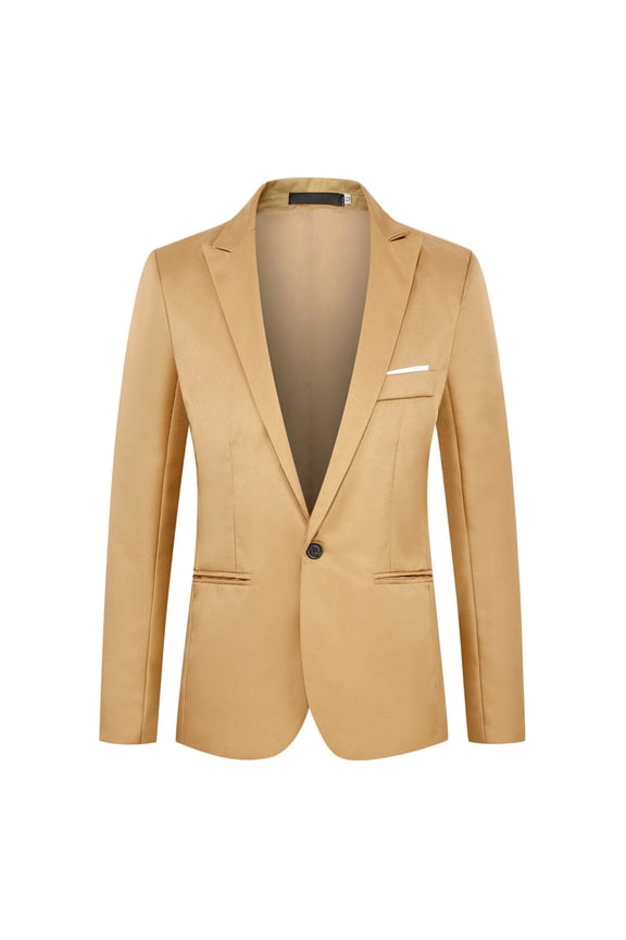 Mens One Button Blazer Jacket Solid Color Slim Fit Business Lightweight Coat with Pockets Lapel Fashion Outwear Khaki L