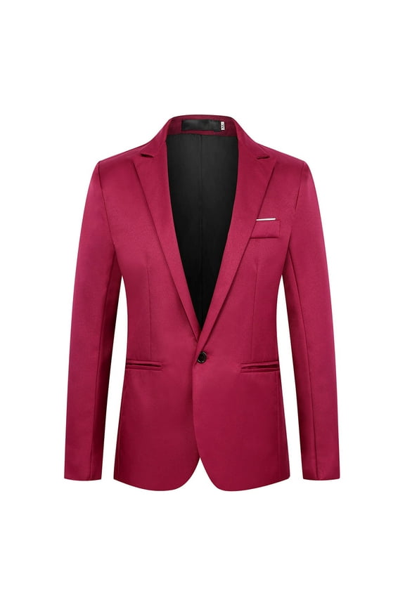 Mens One Button Blazer Jacket Solid Color Slim Fit Business Lightweight Coat with Pockets Lapel Fashion Outwear Wine XL
