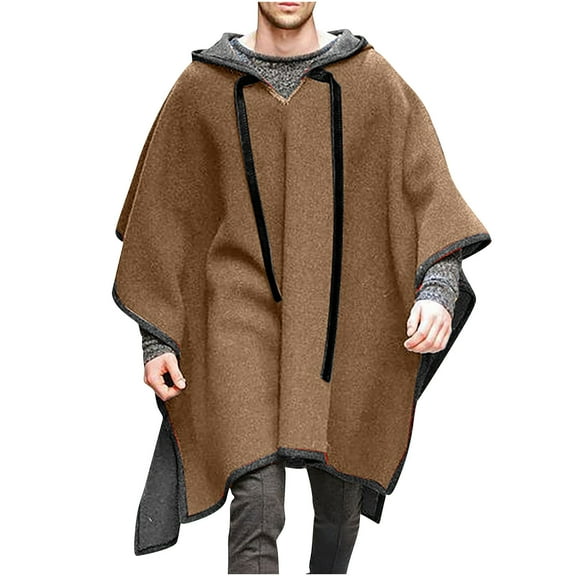 BLTIBY Mens Poncho Jacket Hooded Cardigan Ruffle Shawl Collar Open Front Lightweight Drape Cape Overcoat with Pockets Brown L