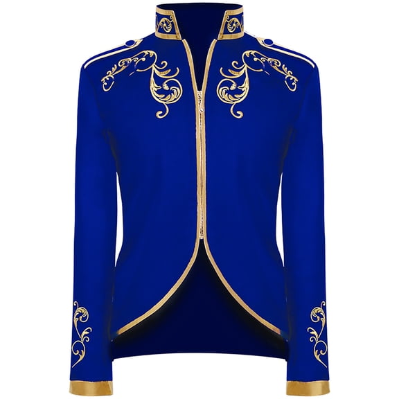 BLTIBY Mens Prince Charming Costume Palace Prince Gold Embroidered Stand Collar Jacket Suit Court Uniform Cosplay Officer Medieval Coat Blue M