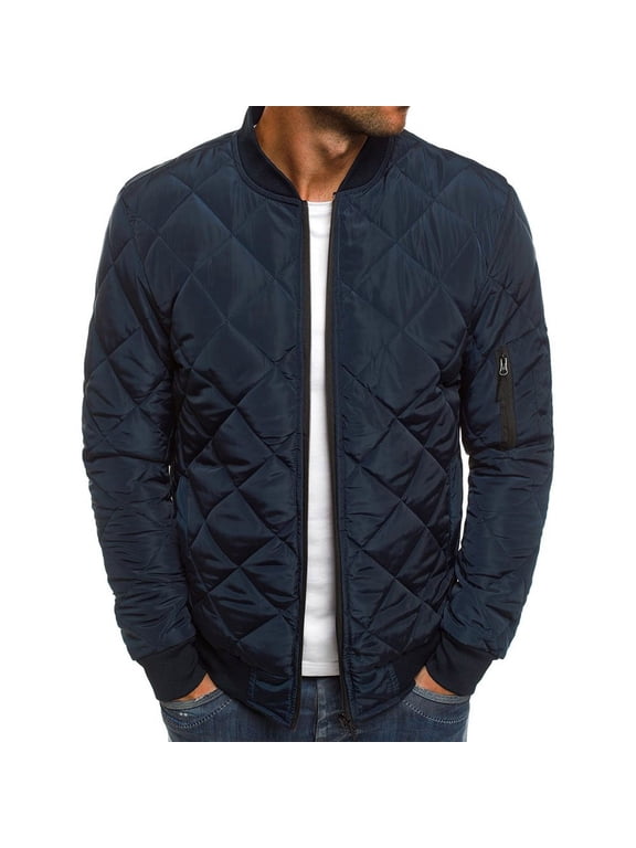 Mens Puffer Jacket Fall Winter Solid Color Lightweight Quilted Coat Light Thin Insulated Jackets Outwear with Pockets Navy M