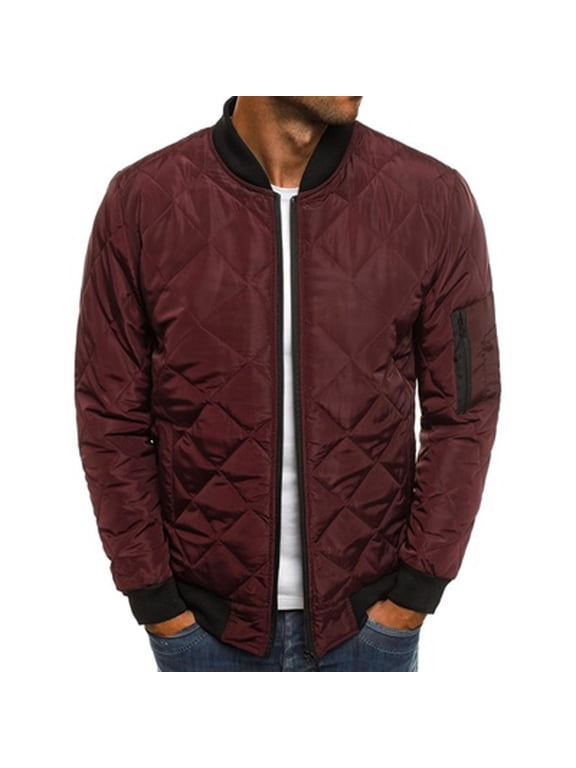 Mens Puffer Jacket Fall Winter Solid Color Lightweight Quilted Coat Light Thin Insulated Jackets Outwear with Pockets Wine L