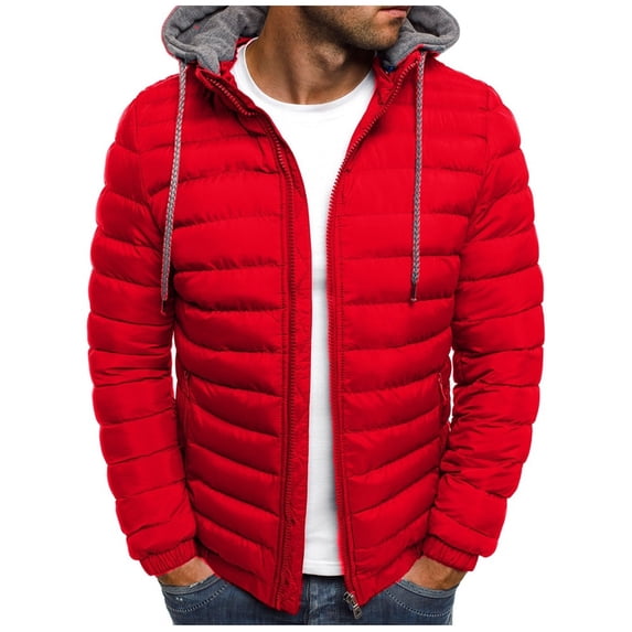 BLTIBY Mens Puffer Jacket Hooded Fall Winter Solid Color Full Zip Water-Resistant Quilted Lined Fashion Lightweight Coats Red M