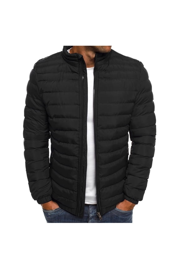 Mens Puffer Jacket Hooded Winter Fall Solid Color Full Zip Water-Resistant Quilted Lined Fashion Lightweight Coats Black L