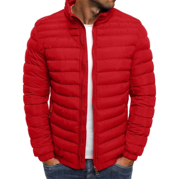 BLTIBY Mens Puffer Jacket Hooded Winter Fall Solid Color Full Zip Water-Resistant Quilted Lined Fashion Lightweight Coats Red L